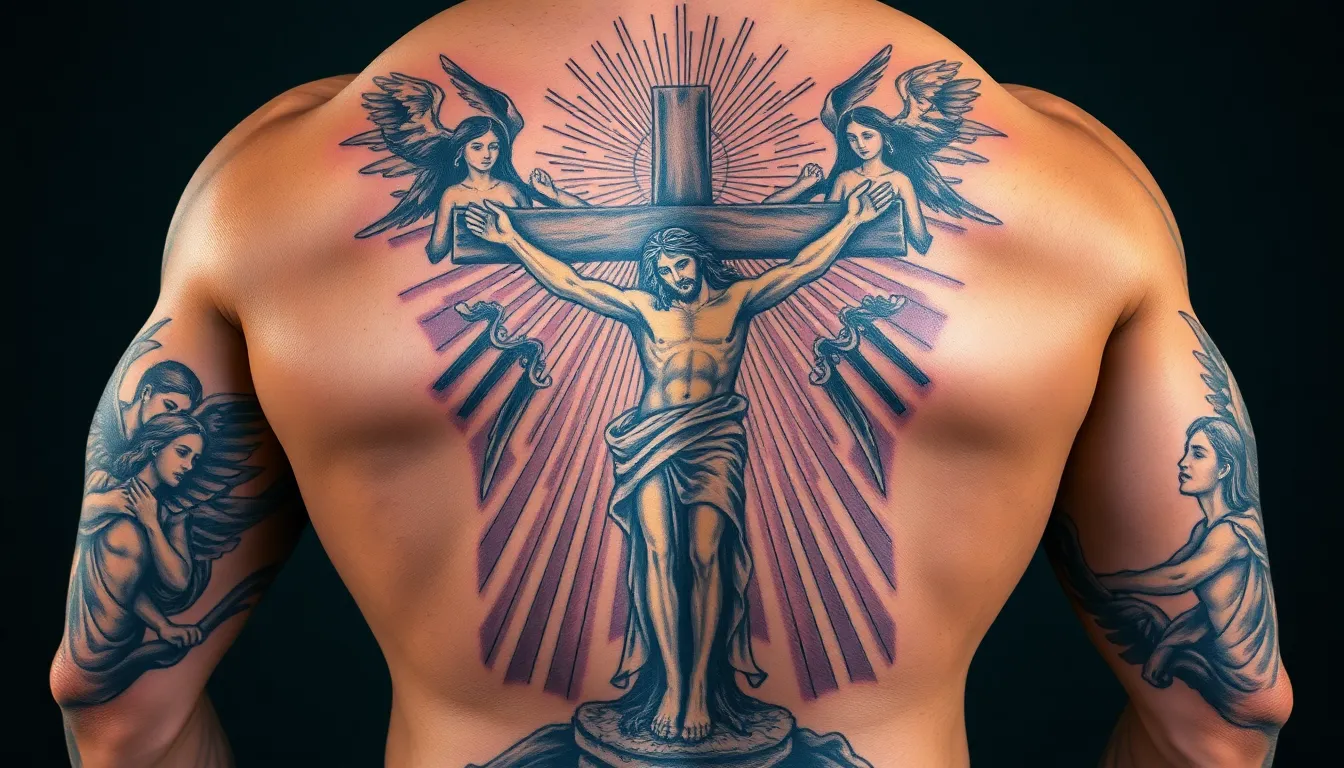 50+ Back Cross Tattoo Ideas for Men: Traditional & Modern Designs 4 50+ Back Cross Tattoo Ideas for Men: Traditional & Modern Designs 3