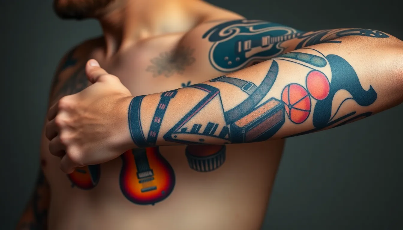 50+ Epic Music Sleeve Tattoo Ideas for Men: From Rock to Classical Designs 4 50+ Epic Music Sleeve Tattoo Ideas for Men: From Rock to Classical Designs 3