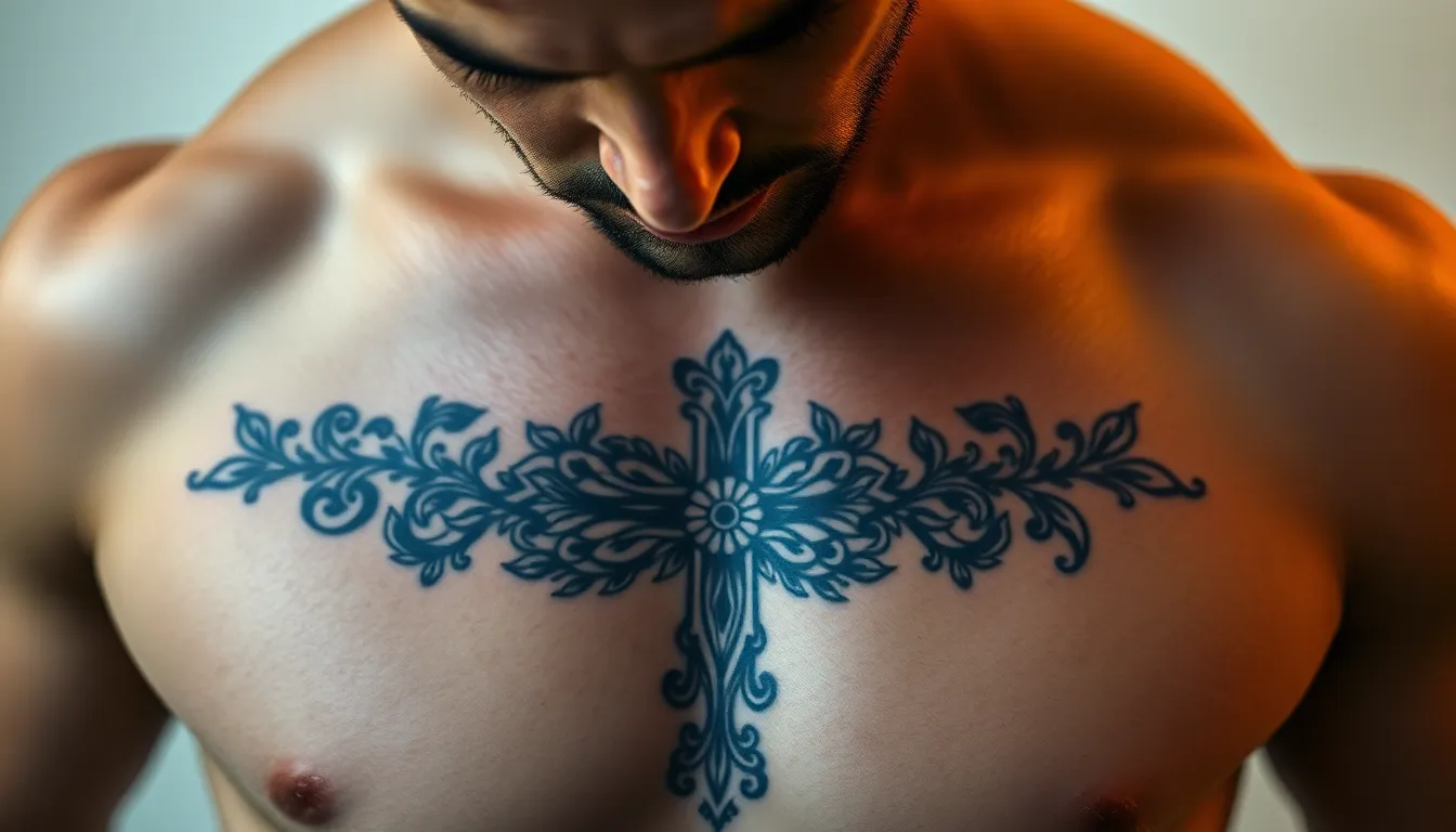 50+ Bold Chest Cross Tattoo Ideas for Men: Designs, Placement & Meaning Guide 6 50+ Bold Chest Cross Tattoo Ideas for Men: Designs, Placement & Meaning Guide 5
