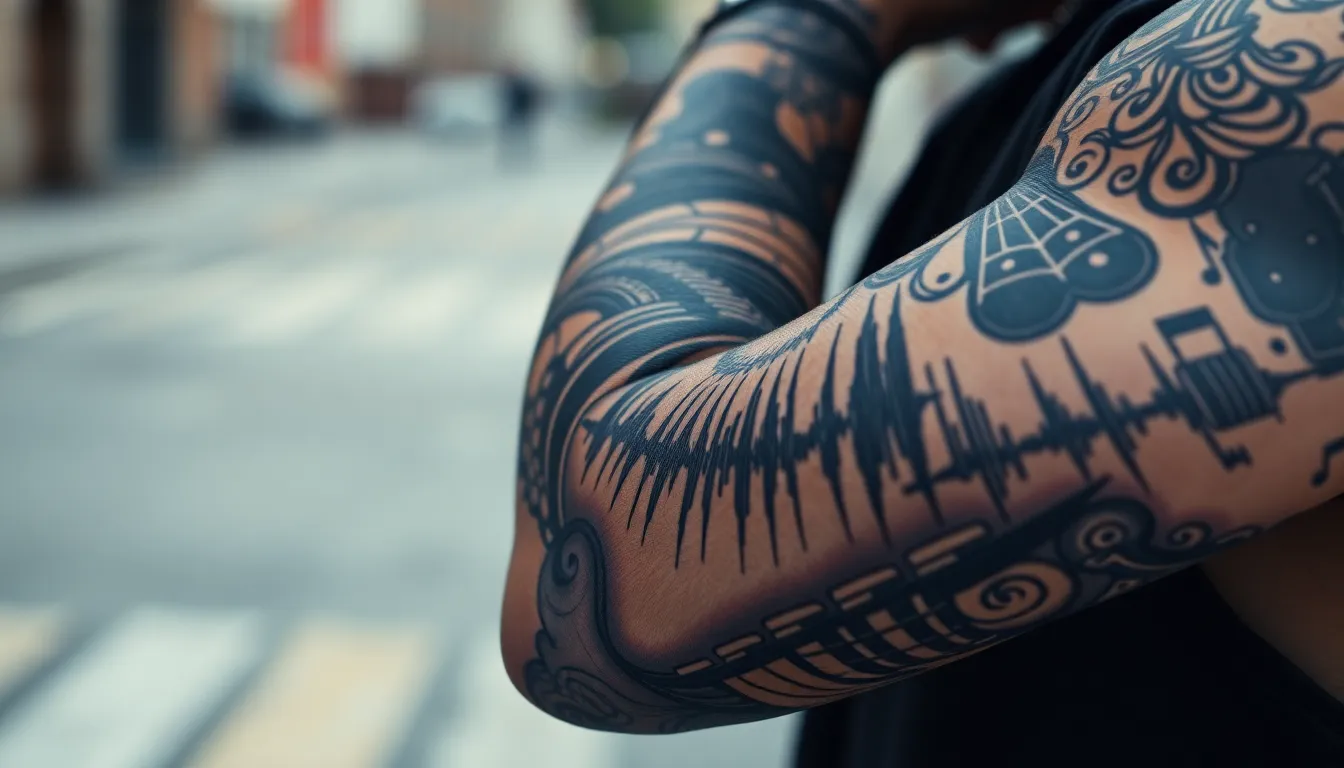 50+ Epic Music Sleeve Tattoo Ideas for Men: From Rock to Classical Designs 6 50+ Epic Music Sleeve Tattoo Ideas for Men: From Rock to Classical Designs 5