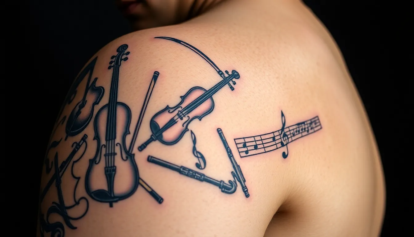 50+ Epic Music Sleeve Tattoo Ideas for Men: From Rock to Classical Designs 12 50+ Epic Music Sleeve Tattoo Ideas for Men: From Rock to Classical Designs 11