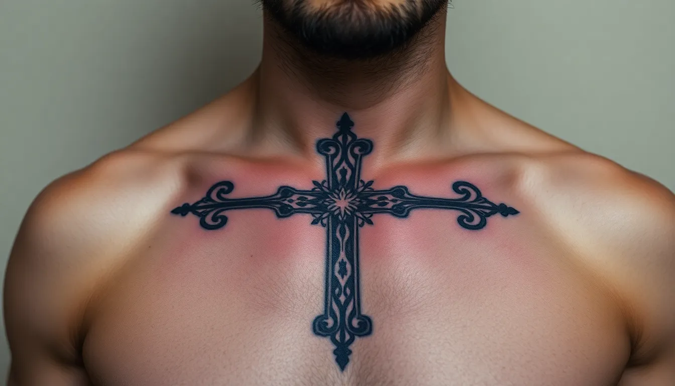 50+ Bold Chest Cross Tattoo Ideas for Men: Designs, Placement & Meaning Guide 14 50+ Bold Chest Cross Tattoo Ideas for Men: Designs, Placement & Meaning Guide 13