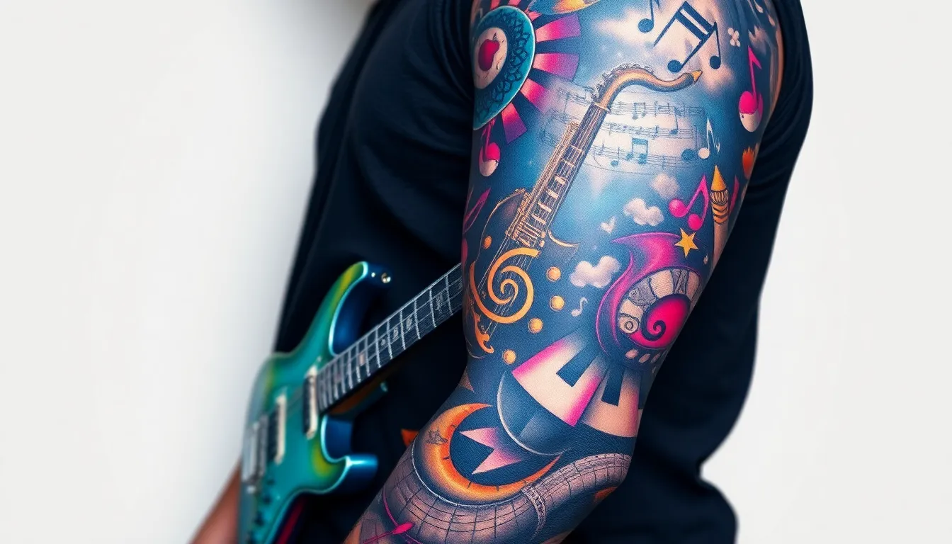 50+ Epic Music Sleeve Tattoo Ideas for Men: From Rock to Classical Designs 16 50+ Epic Music Sleeve Tattoo Ideas for Men: From Rock to Classical Designs 15