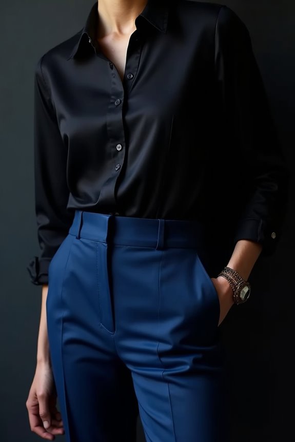 bold black shirt navy pants ensemble