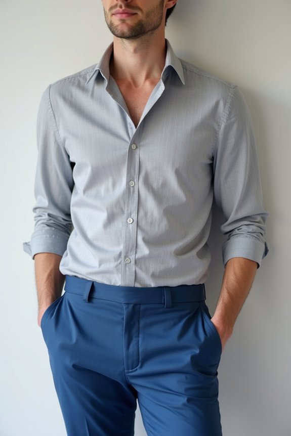gray shirt blue trousers versatile sophistication