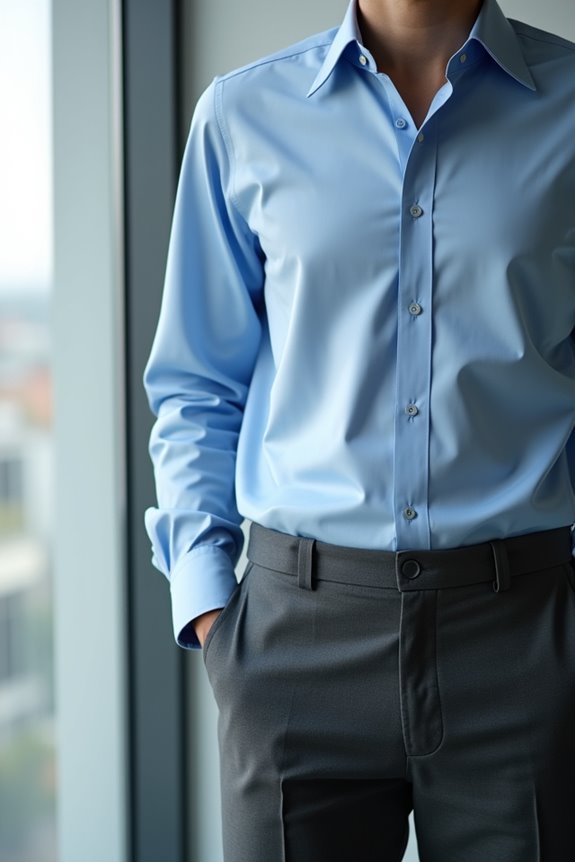 light blue shirts brighten grey trousers