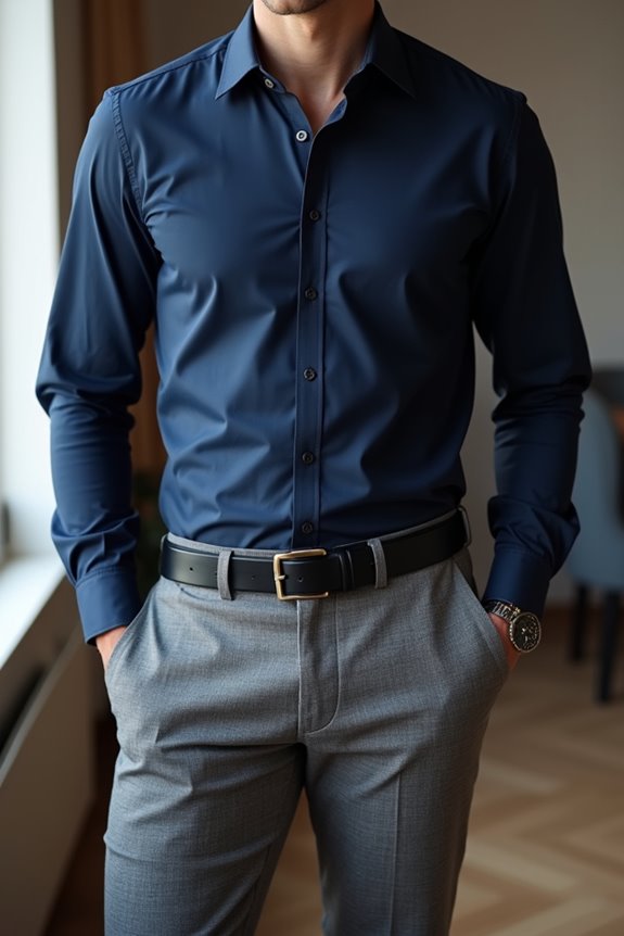 navy shirts elevate grey trousers