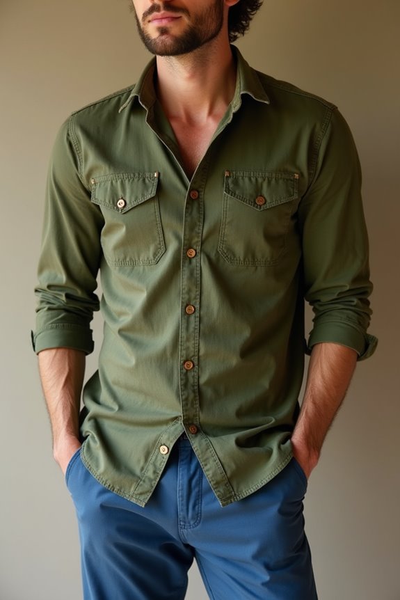 olive green with navy trousers